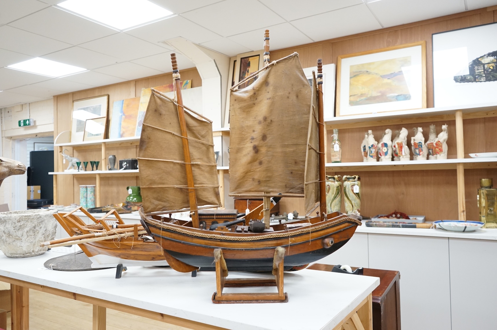A model of a Chinese junk, a model ship and two other models of boats, largest 71cm in length